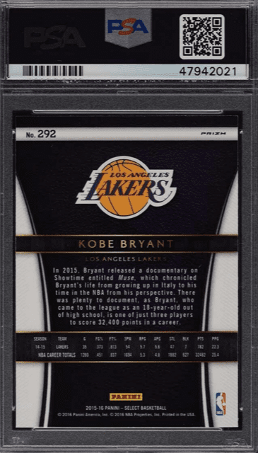 2015 Select Silver Prizm Kobe Bryant #292 PSA 10 GEM MINT Back
